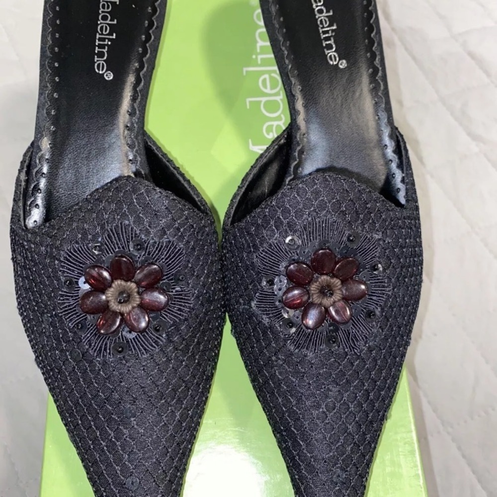 Madeline Stuart Black Mules with Floral Embellishment